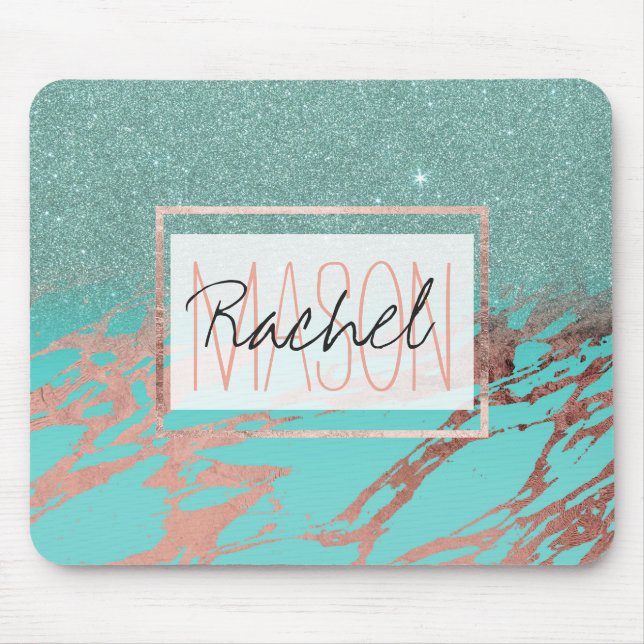 Aqua Teal Rose Gold Glitter Marble Ombre Monogram Mouse Pad (Front)