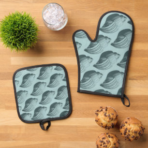 Aqua Teal Sea Shells Oven Mitt & Pot Holder Set