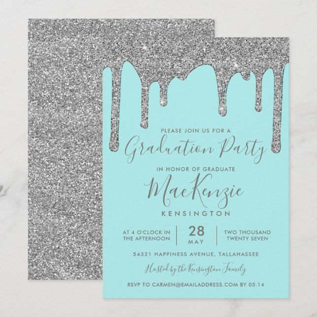 Aqua Teal Silver Glitter Drips Graduation Party Invitation (Front/Back)