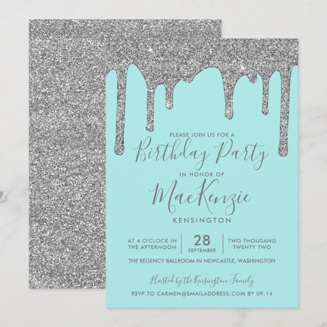 Aqua Teal Silver Sparkle Glitter Drips Birthday Invitation (Front/Back)