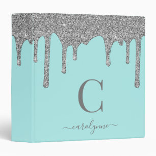 Aqua Teal Silver Sparkle Glitter Drips Monogram Binder