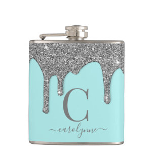 Aqua Teal Silver Sparkle Glitter Drips Monogram Hip Flask