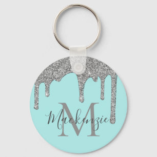 Aqua Teal Silver Sparkle Glitter Drips Monogram Keychain