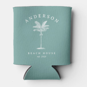 Aqua Teal Simple Palm Tree Beach House Can Cooler