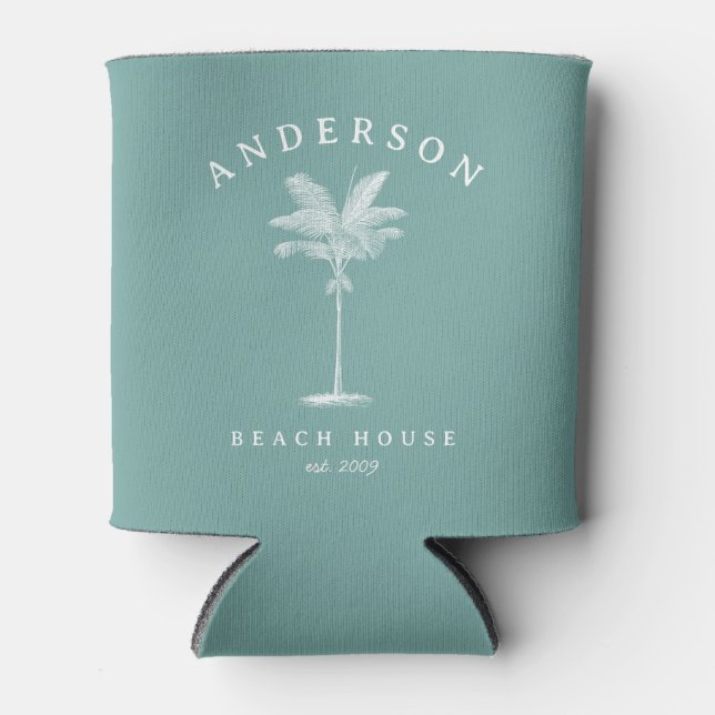 Aqua Teal Simple Palm Tree Beach House Can Cooler (Front)