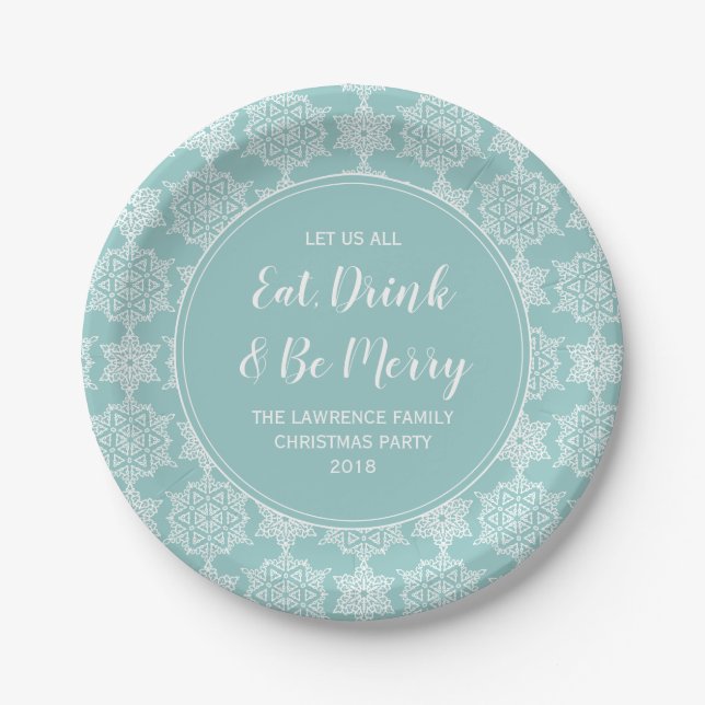 Aqua Teal Snowflake Eat Drink Christmas Party Paper Plate (Front)