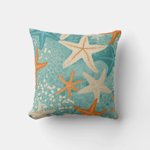 Aqua Teal Starfish Beach Seashell Pattern Throw Pillow