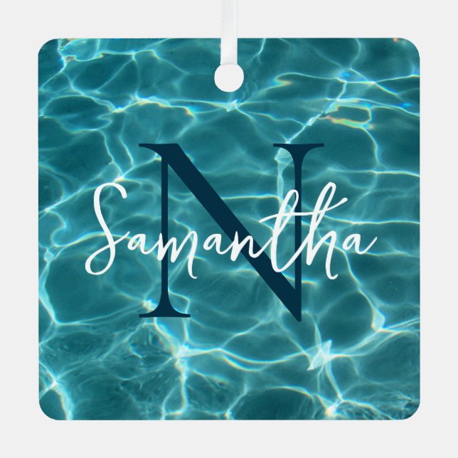 Aqua Teal Swimming Pool Photo Monogrammed Metal Ornament (Front)