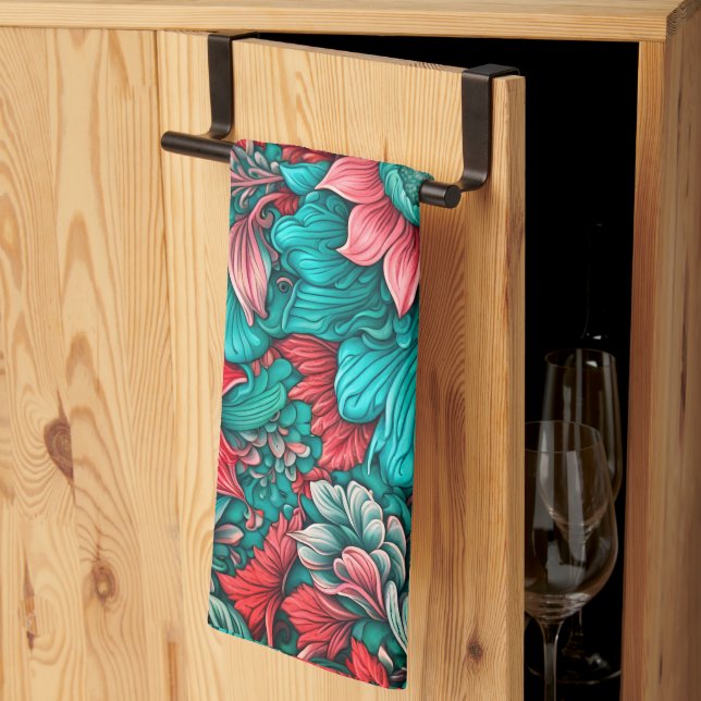  Aqua, Teal, Turquoise and Grey Floral Pattern Kitchen Towel (Thirds Fold)