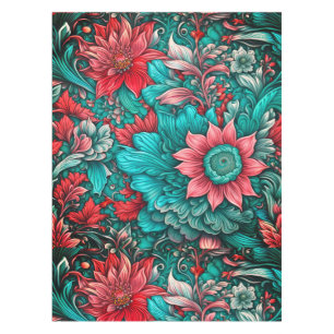  Aqua, Teal, Turquoise and Grey Floral Pattern Tablecloth