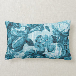 Aqua Teal Turquoise Blue Floral Toile Fabric No.5 Lumbar Pillow