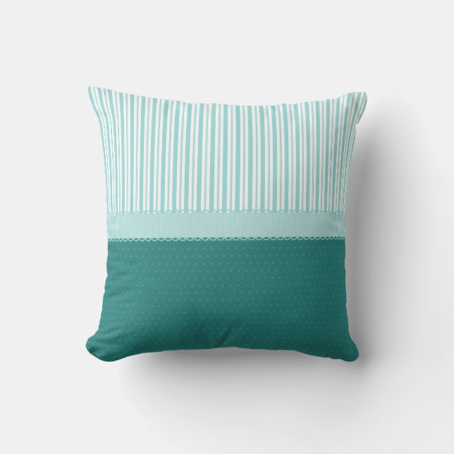 Aqua Teal Turquoise Blue Stripes Polka Dots Throw Pillow (Front)