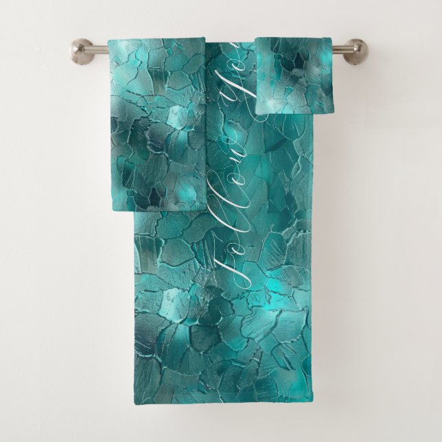 Aqua Teal Turquoise Glam Dreams Bath Towel Set (Insitu)