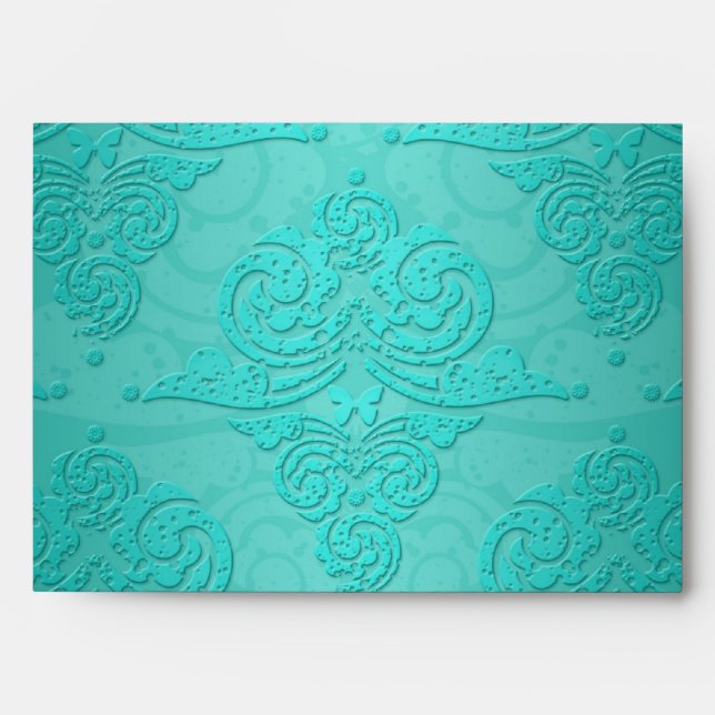 Aqua Teal Vintage Grunge Damask Pattern Envelopes (Front)