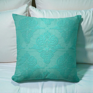 Aqua Teal Vintage Grunge Damask Pattern Throw Pillow