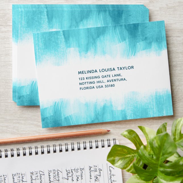 Aqua teal washed abstract art addressed reply envelope (Stacked)