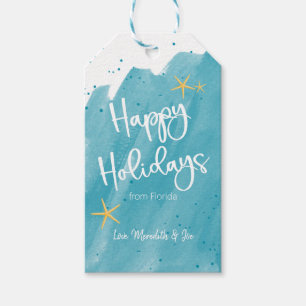 Aqua Teal Watercolor Beach Happy Holidays Gift Tags