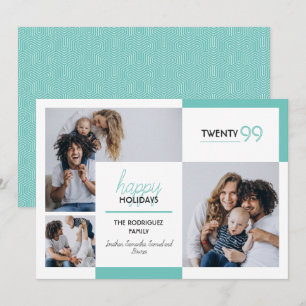 Aqua Three-Photo Happy Holidays Holiday Card