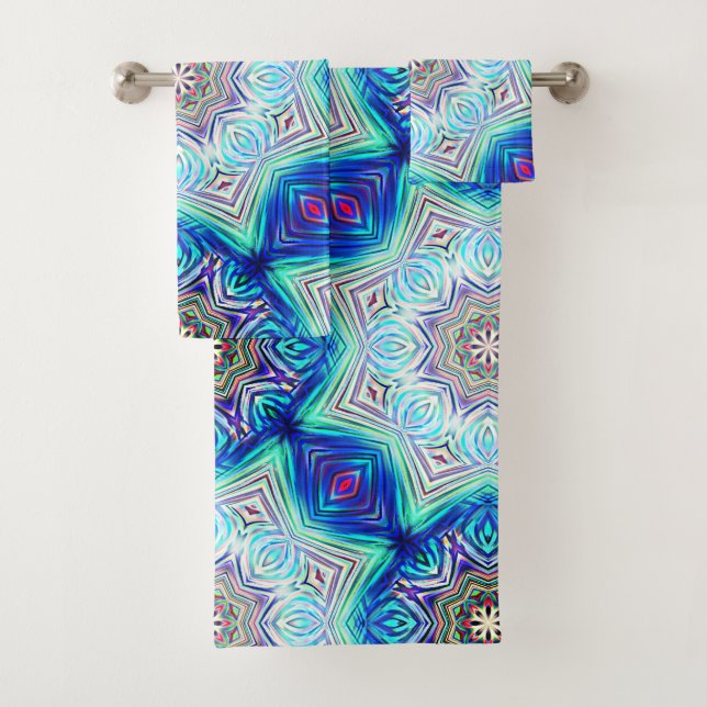 Aqua to royal blue kaleidoscope eight points star  bath towel set (Insitu)