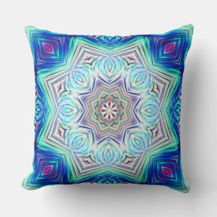 Aqua to royal blue kaleidoscope eight points star throw pillow
