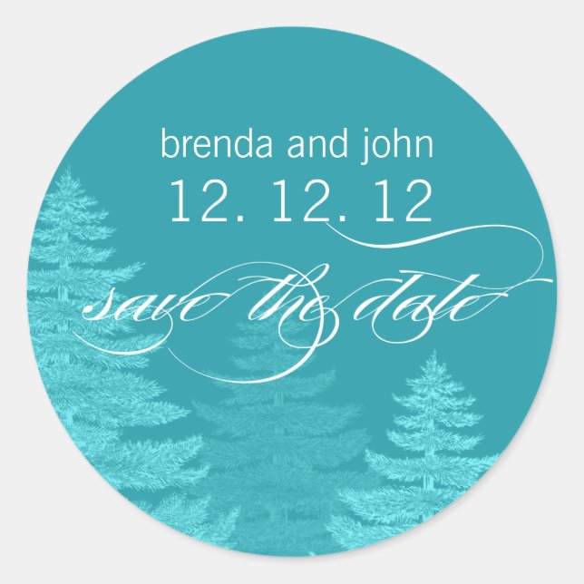 Aqua Trees Save Date Sticker de mariage hivernal (Devant)