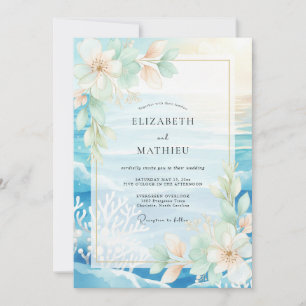 Aqua Tropical Coral Eucalyptus Wedding Invitation