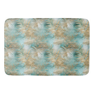 Aqua Tropical Gold Leaves  Bath Mat