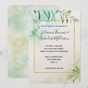 Aqua Tropical Leaves Watercolor Wedding  Invitation