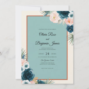 Aqua Tropical Palm Dusty Eucalyptus Wedding Invitation