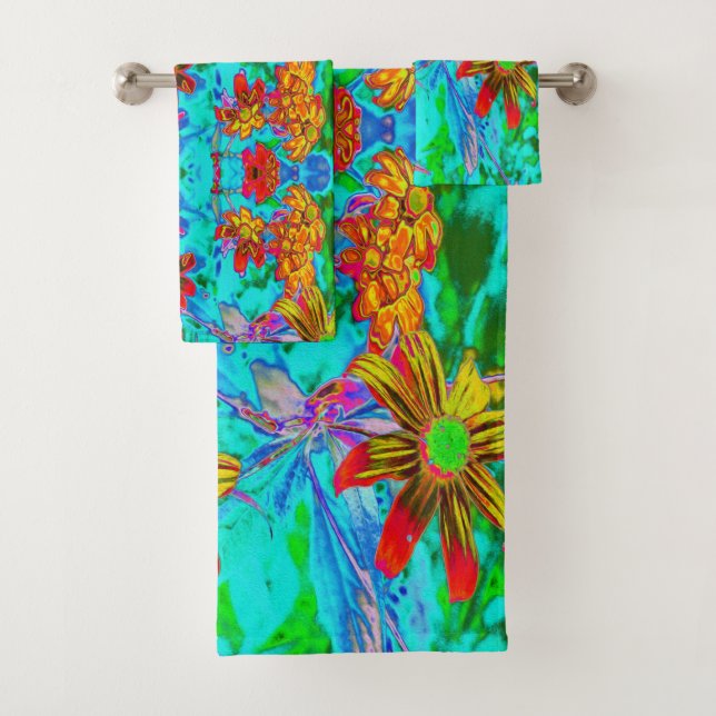 Aqua Tropical with Yellow and Orange Flowers Bath Towel Set (Insitu)