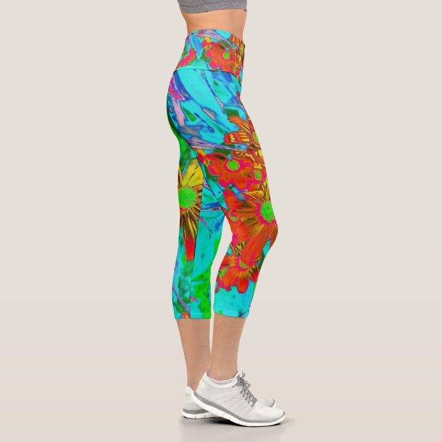 Aqua Tropical with Yellow and Orange Flowers Capri Leggings (Right)