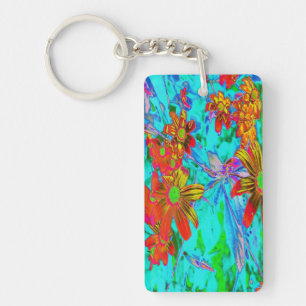 Aqua Tropical with Yellow and Orange Flowers Keychain