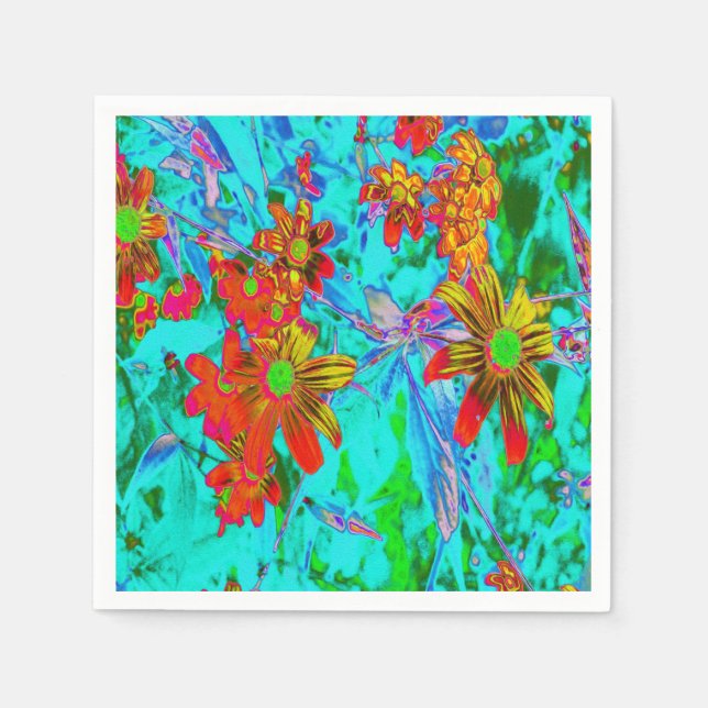 Aqua Tropical with Yellow and Orange Flowers Napkin (Front)