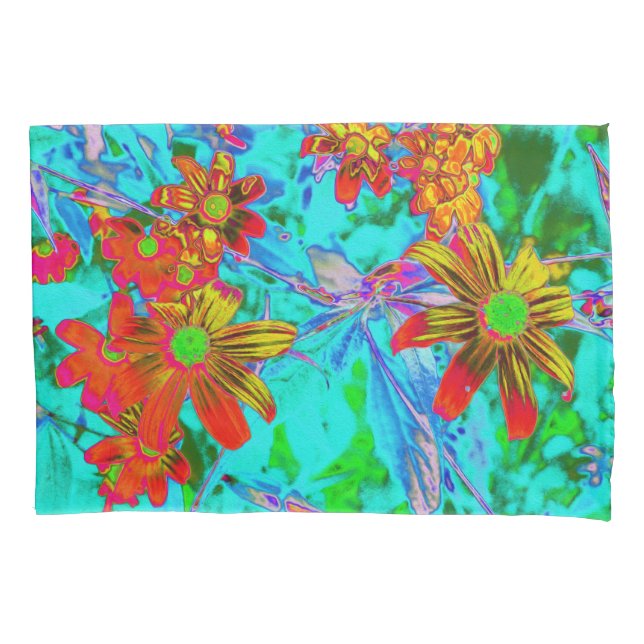 Aqua Tropical with Yellow and Orange Flowers Pillowcase (Front)