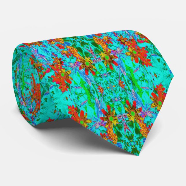 Aqua Tropical with Yellow and Orange Flowers Tie (Rolled)