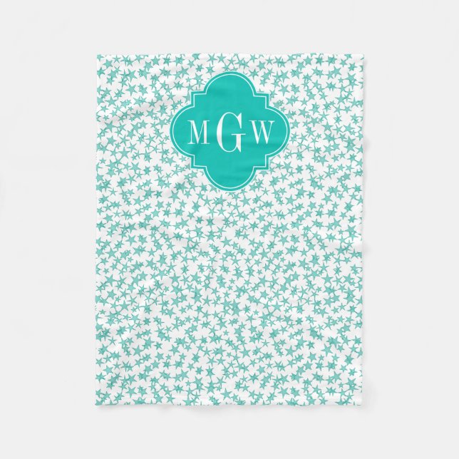 Aqua / Turq White Stars Teal Quatrefoil 3 Monogram Fleece Blanket (Front)