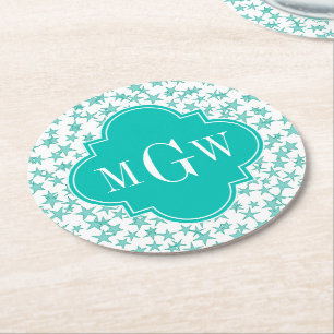 Aqua / Turq White Stars Teal Quatrefoil 3 Monogram Round Paper Coaster