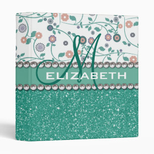 Aqua Turqoise Monogram Flower Glitter Pattern Binder