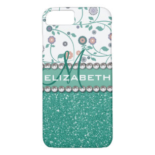 Aqua Turqoise Monogram Flower Glitter Pattern Case-Mate iPhone Case