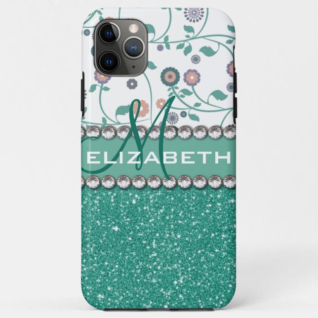 Aqua Turqoise Monogram Flower Glitter Pattern Case-Mate iPhone Case (Back)