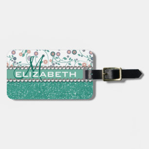 Aqua Turqoise Monogram Flower Glitter Pattern Luggage Tag