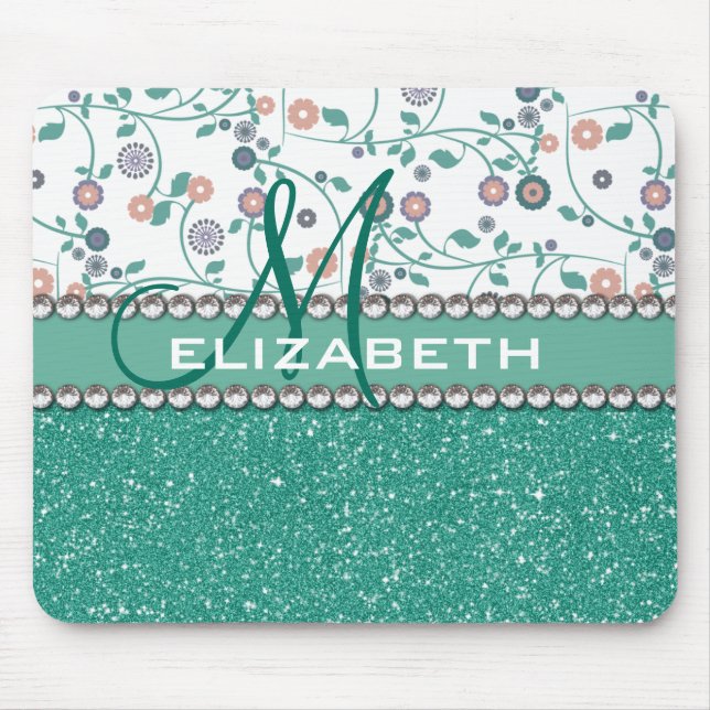 Aqua Turqoise Monogram Flower Glitter Pattern Mouse Pad (Front)