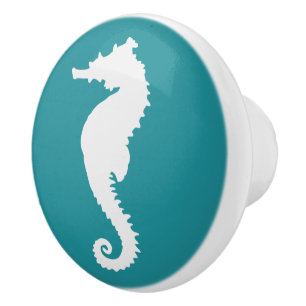 Aqua Turquoise and White Seahorse Coastal Nautical Ceramic Knob