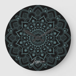 Aqua Turquoise & Black Mandala w Calligraphy Name Large Clock