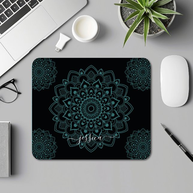 Aqua Turquoise & Black Mandala w Calligraphy Name Mouse Pad (Creator Uploaded)