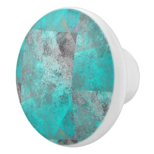 Aqua Turquoise Blue and Gray Abstract Ceramic Knob