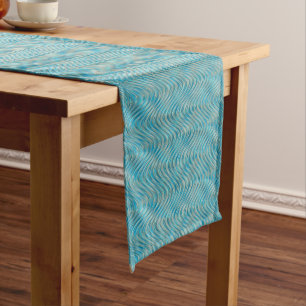 Aqua Turquoise Blue Green Faux Glass Waves Pattern Medium Table Runner