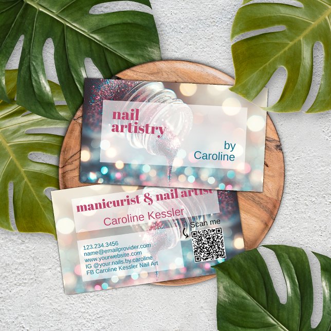 Aqua Turquoise Blue Hot Pink Glitter Nail Polish Business Card (Creator Uploaded)