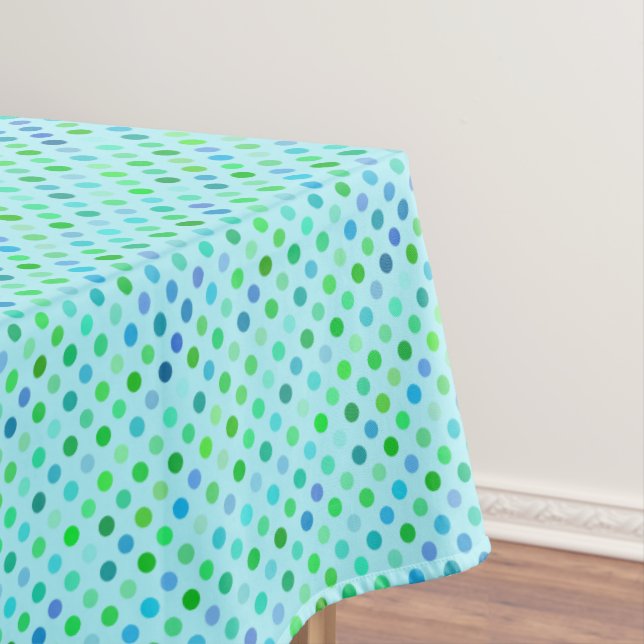Aqua Turquoise Blue Lime Green Polkadots Pattern Tablecloth (In Situ)