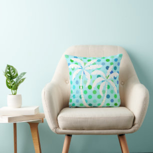 Aqua Turquoise Blue Lime Green Polkadots Pattern Throw Pillow